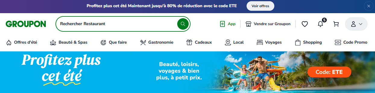 Profitez des meilleures offres Groupon cet été grâce au code promo ETE et bénéficiez de jusqu’à 80 % de réduction sur les restaurants, activités, voyages et loisirs. Code promo Groupon été : jusqu’à 80 % de réduction sur les loisirs, voyages, restaurants et activités avec le code ETE.
